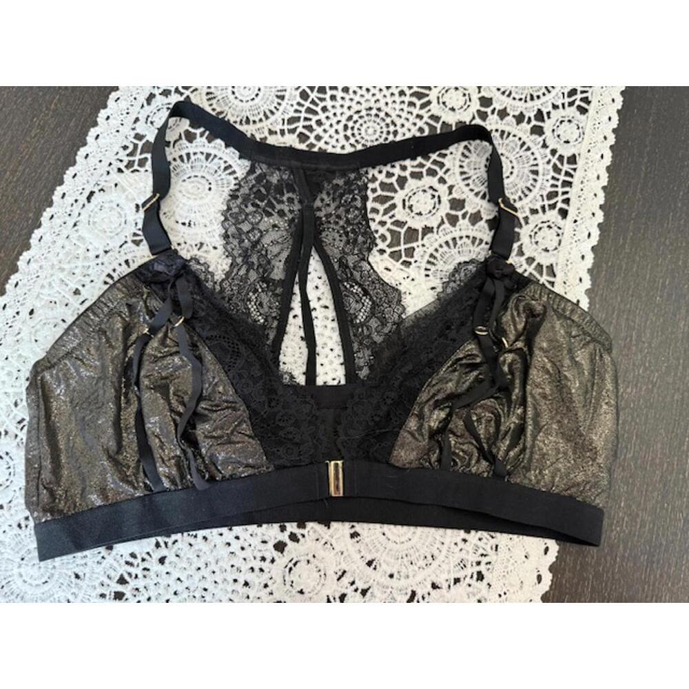 Black Lace-Back Bralette with Metallic Sheen
